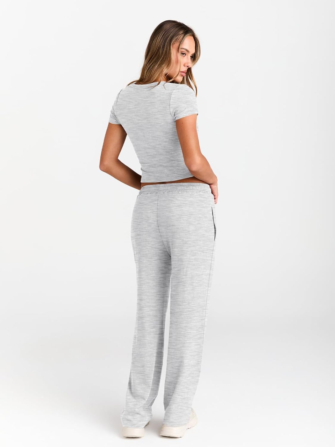 Trendy Queen 2 Piece Matching Summer Sweatsuit Lounge Set Womens Wide Leg Pants Side Ruching Crop Top Sets