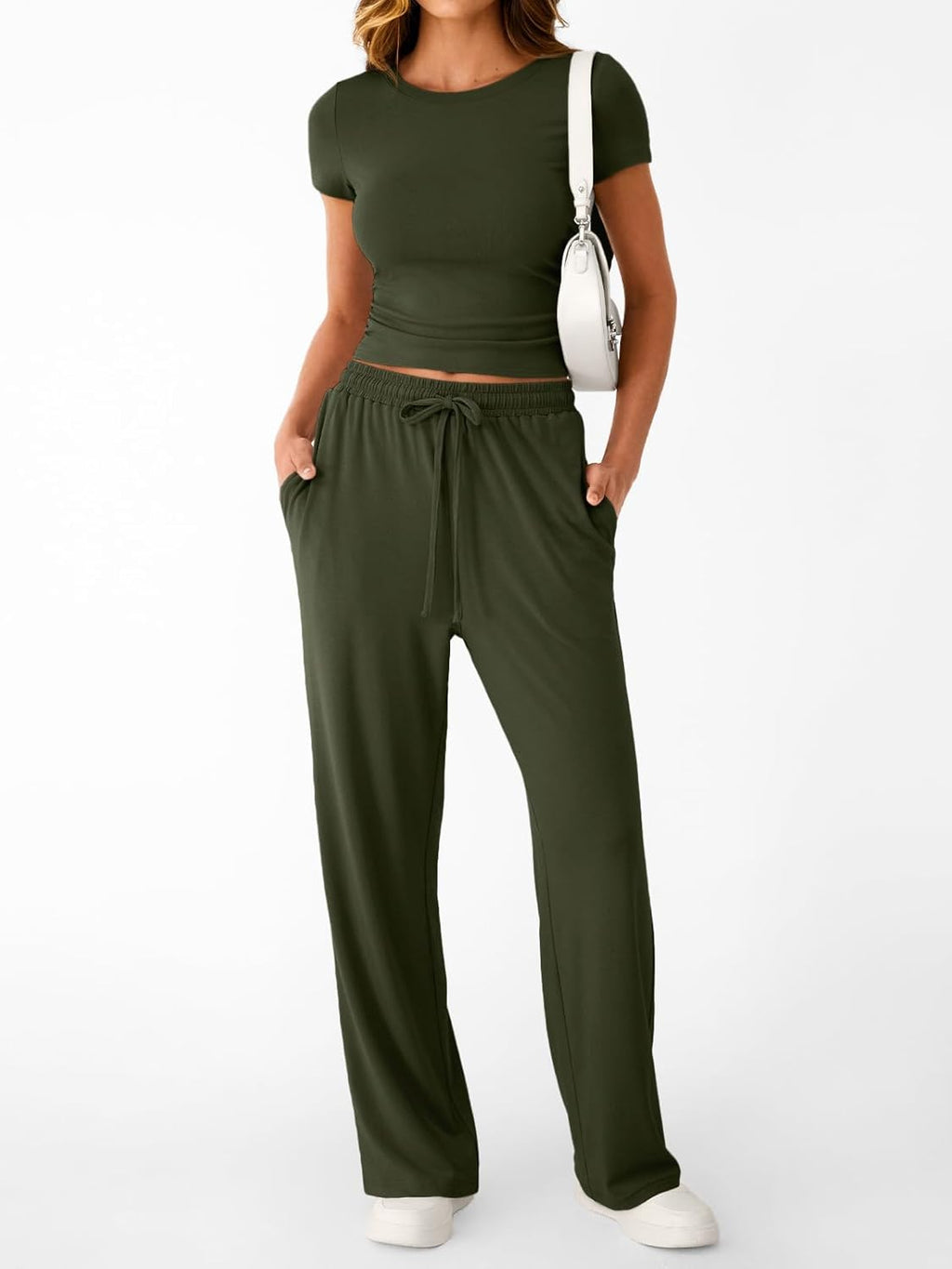 Trendy Queen 2 Piece Matching Summer Sweatsuit Lounge Set Womens Wide Leg Pants Side Ruching Crop Top Sets