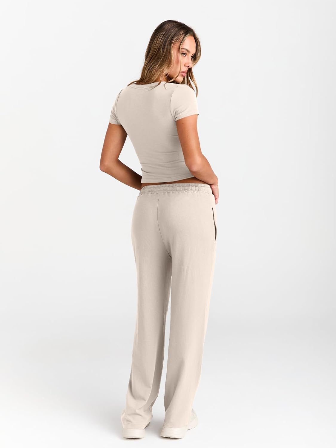 Trendy Queen 2 Piece Matching Summer Sweatsuit Lounge Set Womens Wide Leg Pants Side Ruching Crop Top Sets