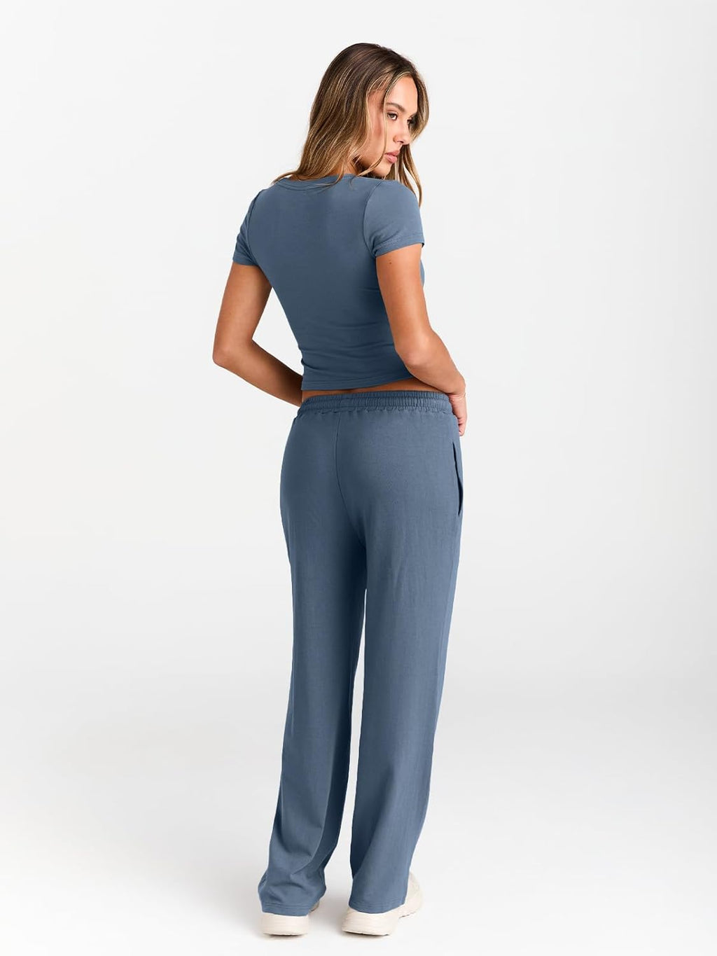 Trendy Queen 2 Piece Matching Summer Sweatsuit Lounge Set Womens Wide Leg Pants Side Ruching Crop Top Sets