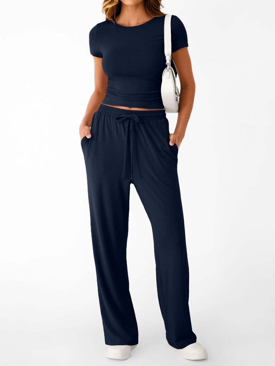 Trendy Queen 2 Piece Matching Summer Sweatsuit Lounge Set Womens Wide Leg Pants Side Ruching Crop Top Sets