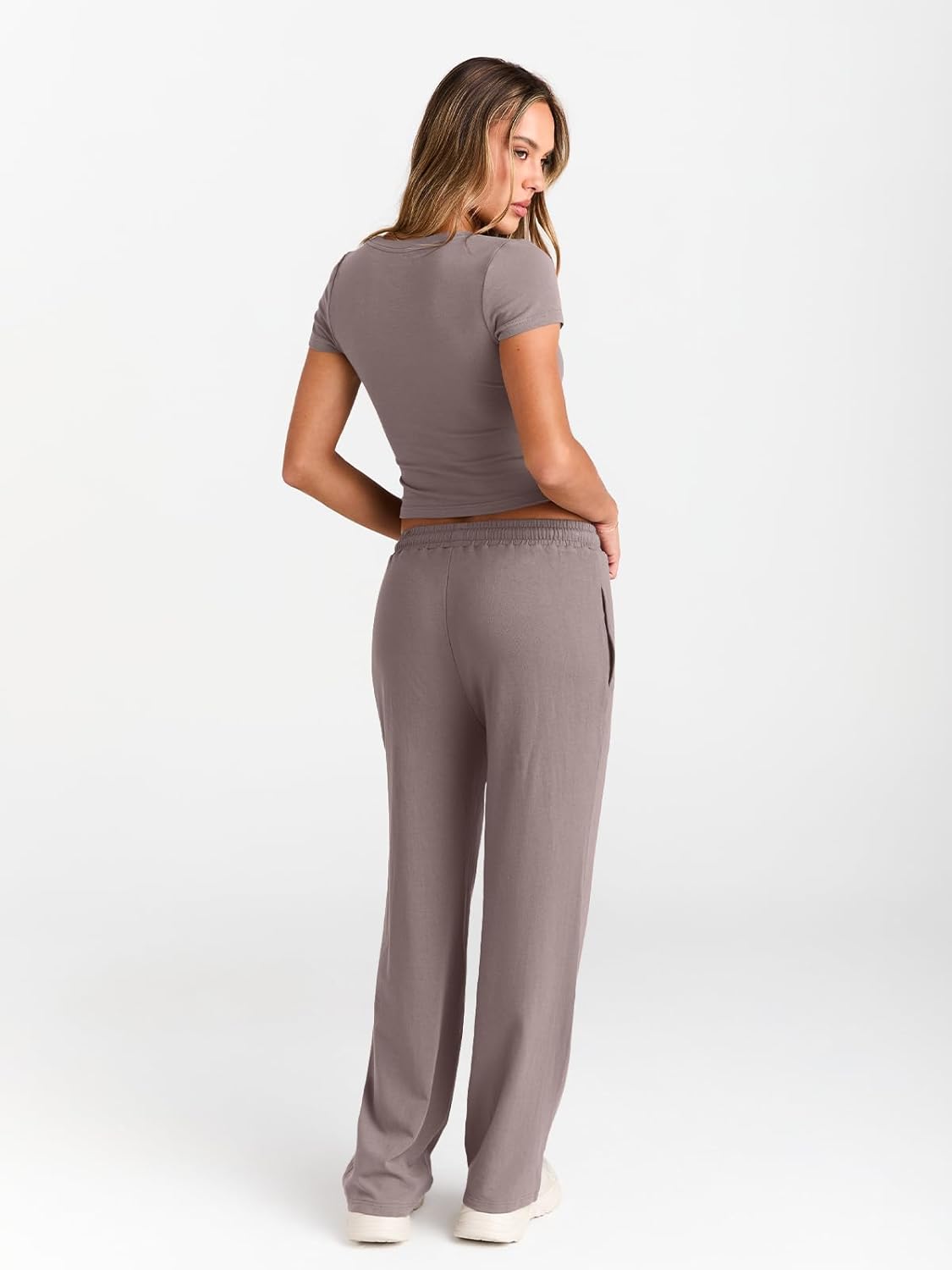 Trendy Queen 2 Piece Matching Summer Sweatsuit Lounge Set Womens Wide Leg Pants Side Ruching Crop Top Sets