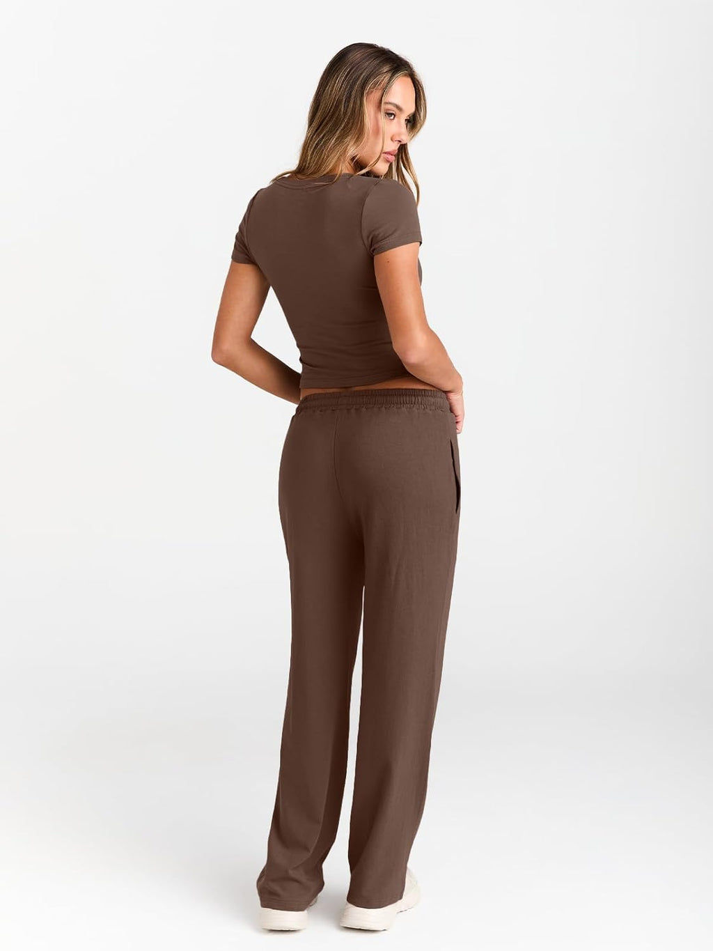 Trendy Queen 2 Piece Matching Summer Sweatsuit Lounge Set Womens Wide Leg Pants Side Ruching Crop Top Sets