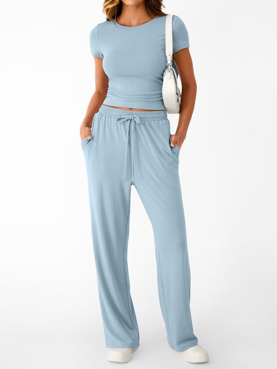 Trendy Queen 2 Piece Matching Summer Sweatsuit Lounge Set Womens Wide Leg Pants Side Ruching Crop Top Sets