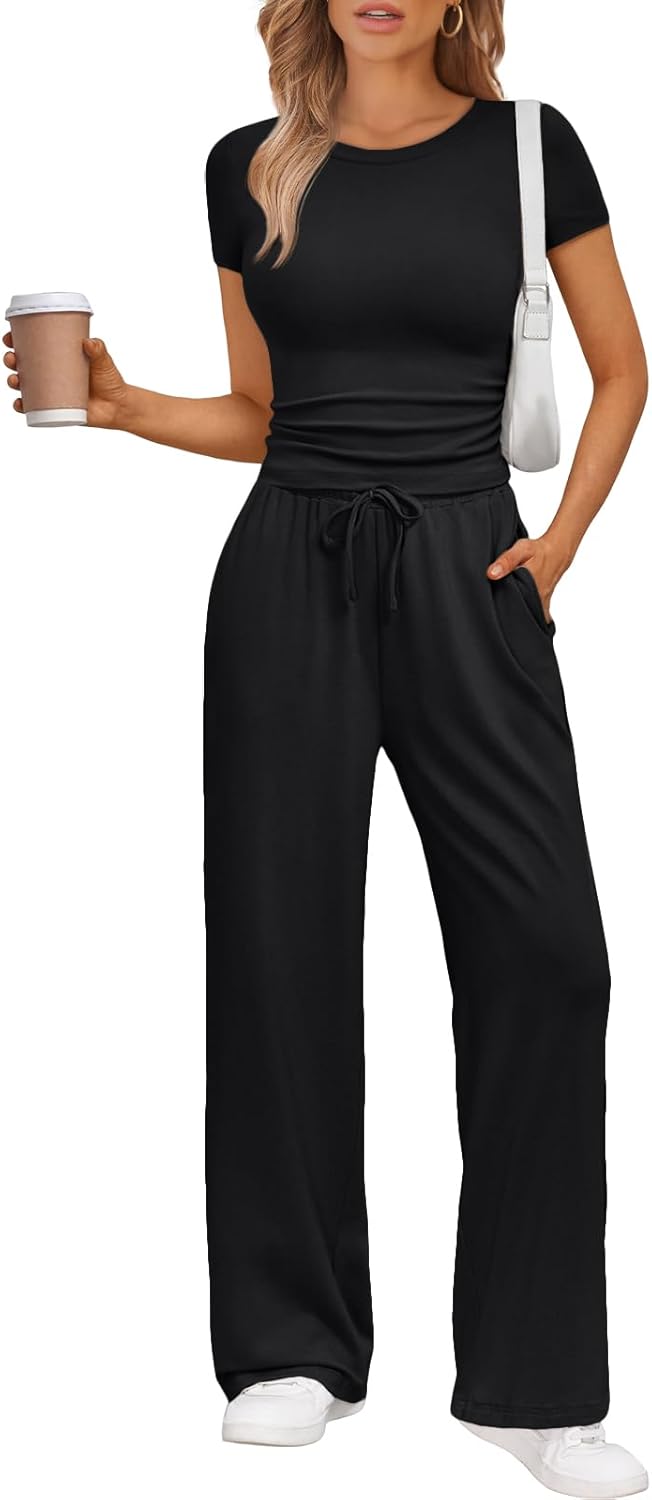 Trendy Queen 2 Piece Matching Summer Sweatsuit Lounge Set Womens Wide Leg Pants Side Ruching Crop Top Sets