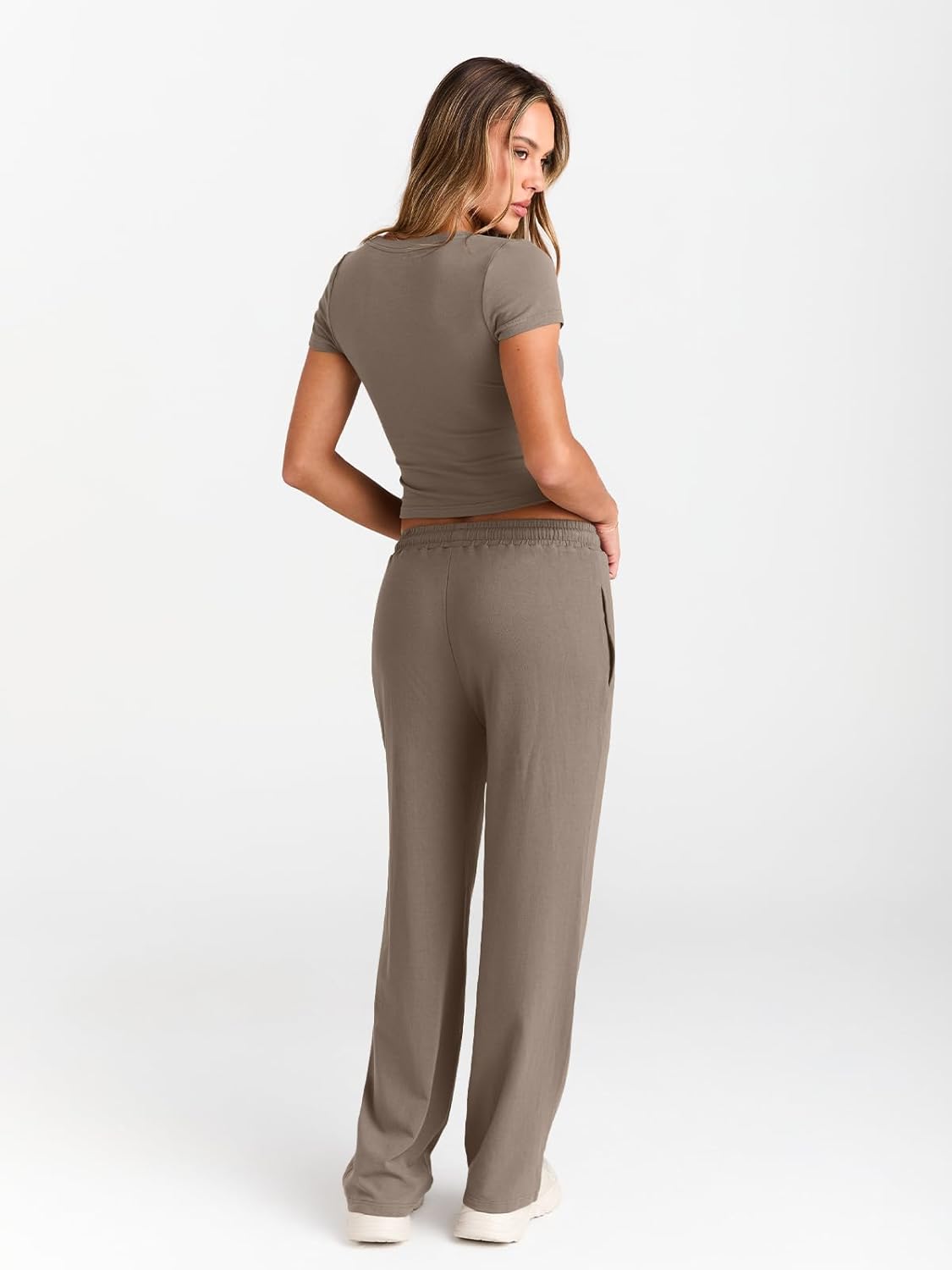 Trendy Queen 2 Piece Matching Summer Sweatsuit Lounge Set Womens Wide Leg Pants Side Ruching Crop Top Sets