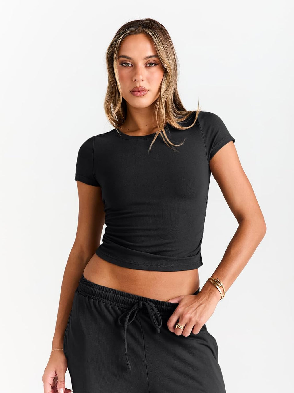 Trendy Queen 2 Piece Matching Summer Sweatsuit Lounge Set Womens Wide Leg Pants Side Ruching Crop Top Sets