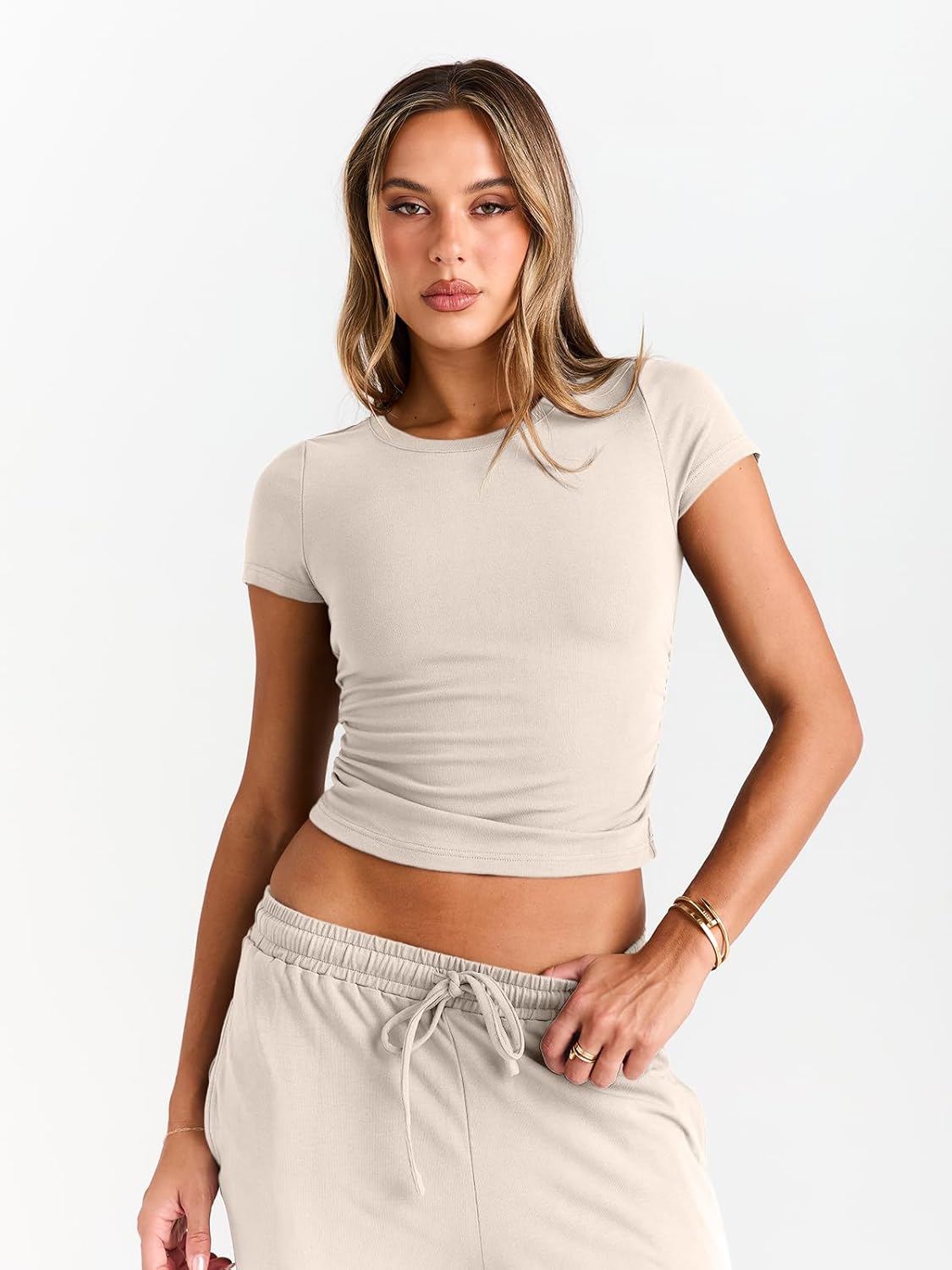 Trendy Queen 2 Piece Matching Summer Sweatsuit Lounge Set Womens Wide Leg Pants Side Ruching Crop Top Sets