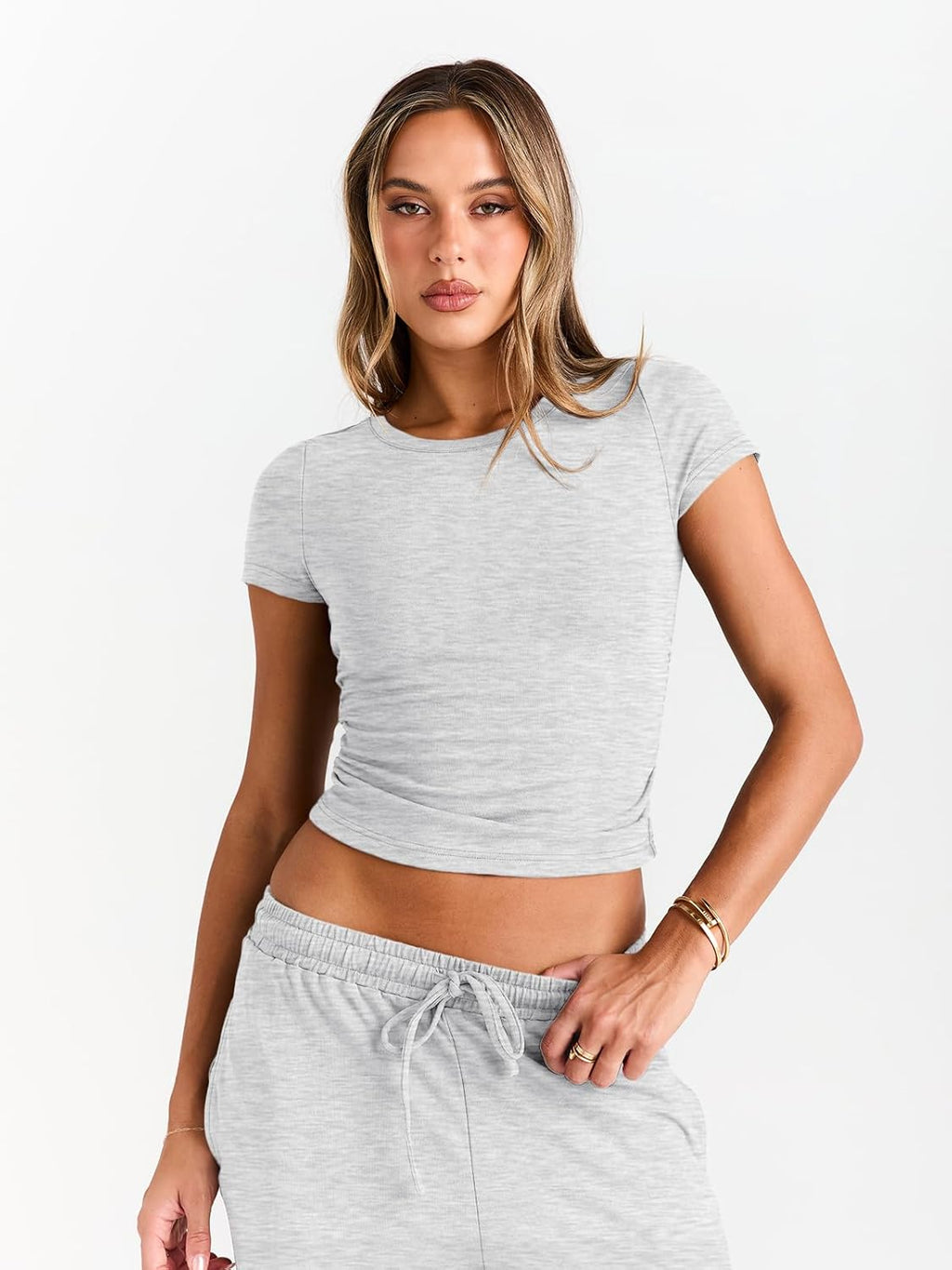 Trendy Queen 2 Piece Matching Summer Sweatsuit Lounge Set Womens Wide Leg Pants Side Ruching Crop Top Sets