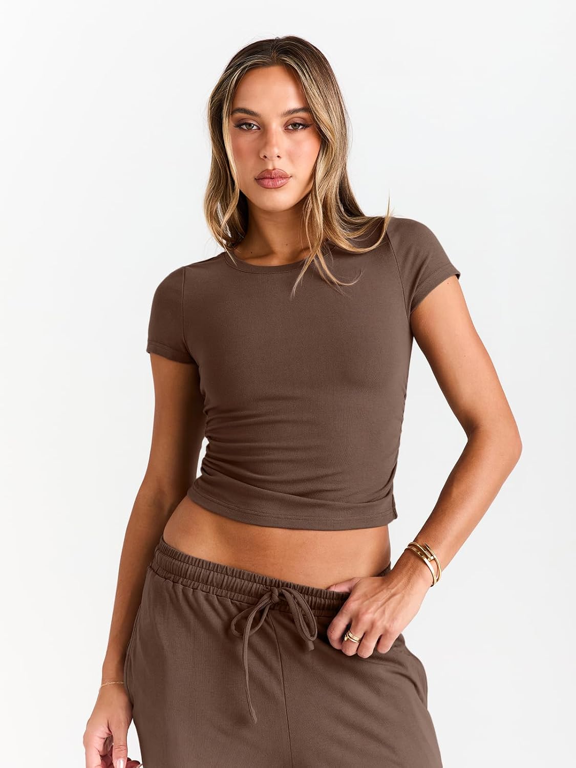 Trendy Queen 2 Piece Matching Summer Sweatsuit Lounge Set Womens Wide Leg Pants Side Ruching Crop Top Sets