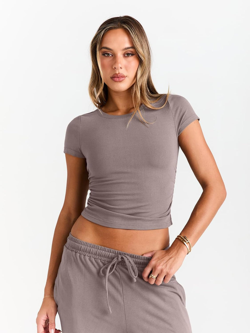 Trendy Queen 2 Piece Matching Summer Sweatsuit Lounge Set Womens Wide Leg Pants Side Ruching Crop Top Sets